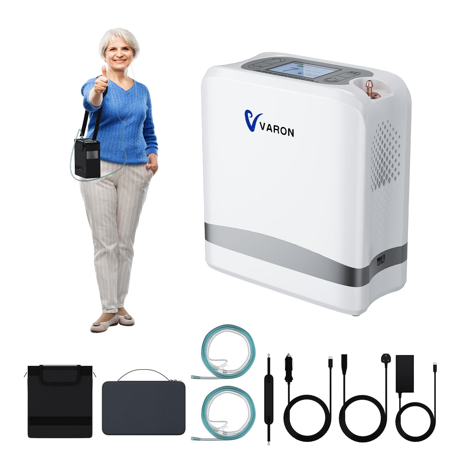 Concentrador de oxígeno portátil con 90% de concentración, 2 kg de peso ligero, 7 niveles de flujo y 2 modos (sensor de respiración/pulso), duración de batería de 1.5-5 horas, 3 fuentes de alimentació