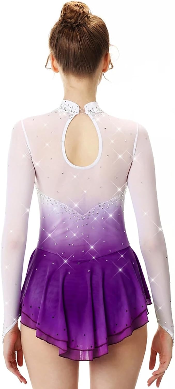 Figure Skating Dress Women Long Sleeve Open Back Handmade Breathable Professional Competitiona Wear