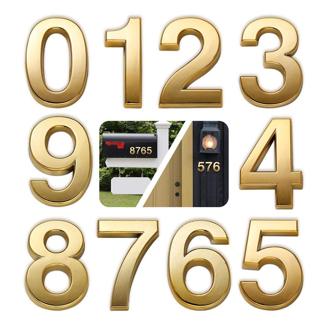 Mailbox Numbers, 2 Inch Door Address Numbers Stickers for Apartment/Office/Home Room, Golden Shinny, Pack of 1 Set, 10 Pcs 3D numbers.(2" 10 Pack (0-9), Brass)