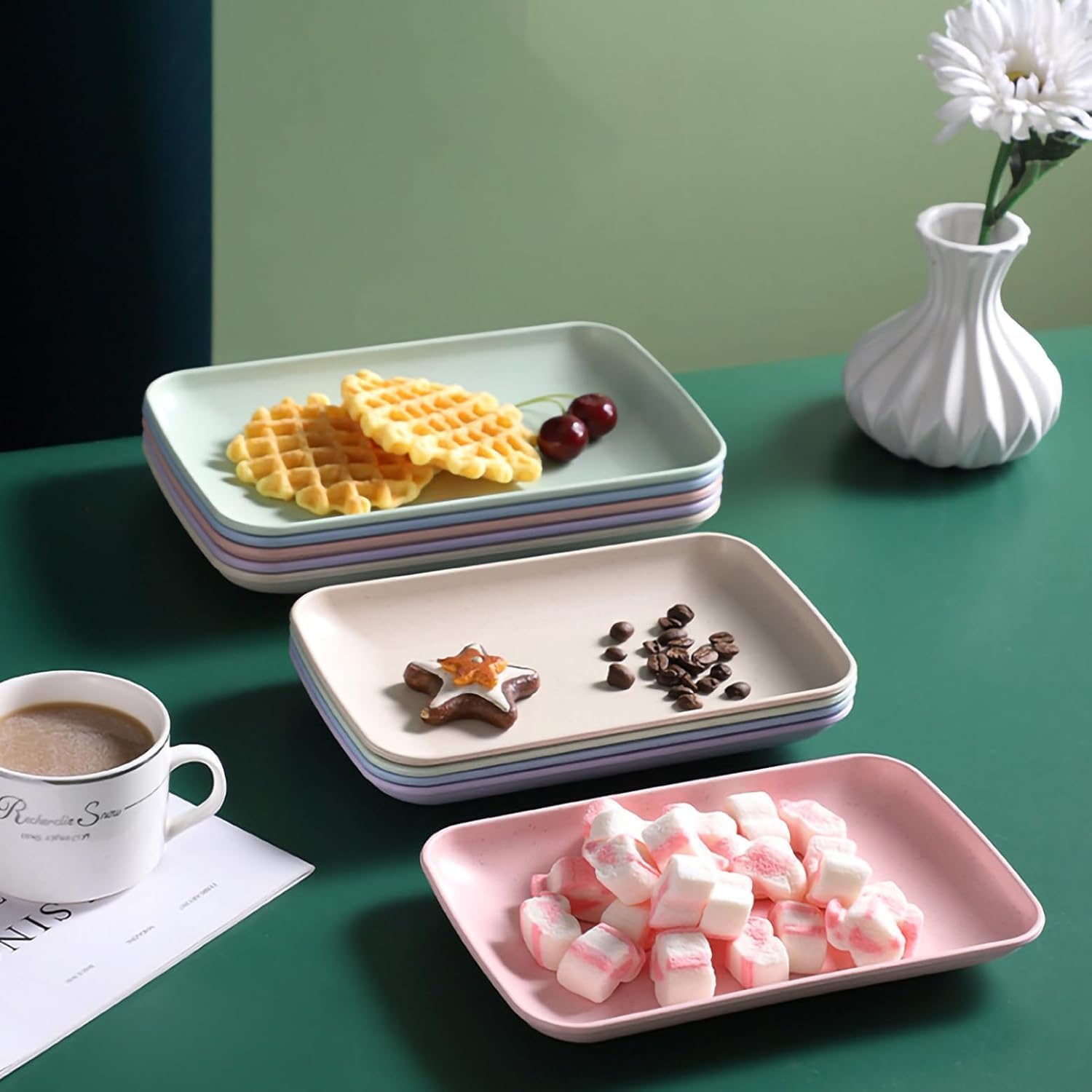 Jeyux Small Dessert Plates Fruit Dish - Rectangular Serving Plate for Snacks, Salad, Cupcake, Breakfast, Dinner - Home, Kitchen & Café Use - Daily Use Crockery Set for Dining Table (Pink, Pack of 6) 4