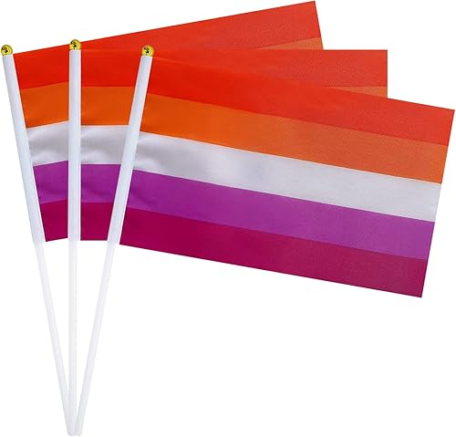 Bandera lesbiana pequeña pequeña de mano de orgullo lésbico en palos para desfiles, fiestas, festivales y decoraciones