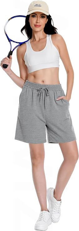 Women High Waist Cotton Bermuda Shorts Drawstring Sweat Shorts with Pockets