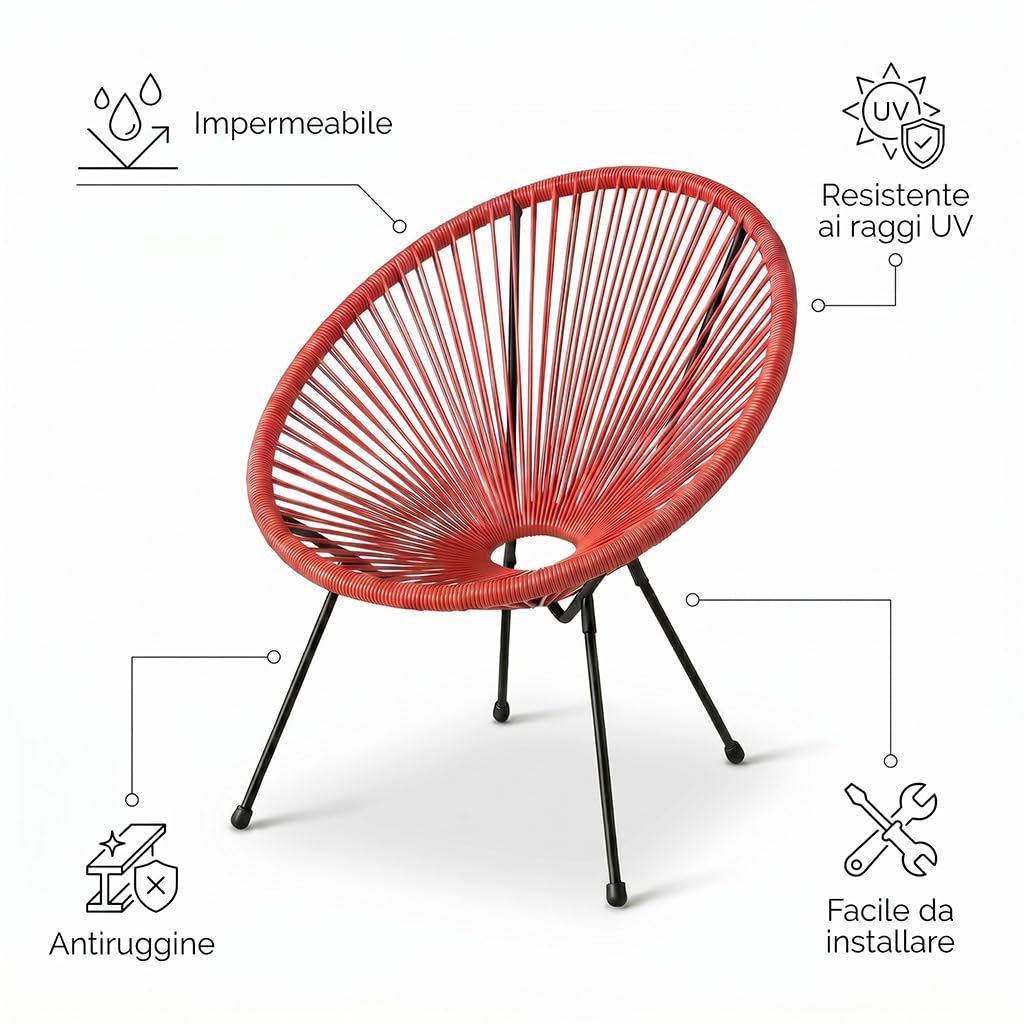 INTRECCI Sedia Design Multistring – Poltrona da Esterno in Rattan PE e Acciaio, Resistente ad Agenti Atmosferici, UV e Ruggine, 72.5 x 78 x 88 cm, Ideale per Giardino, Terrazzo – Colore: Arancione