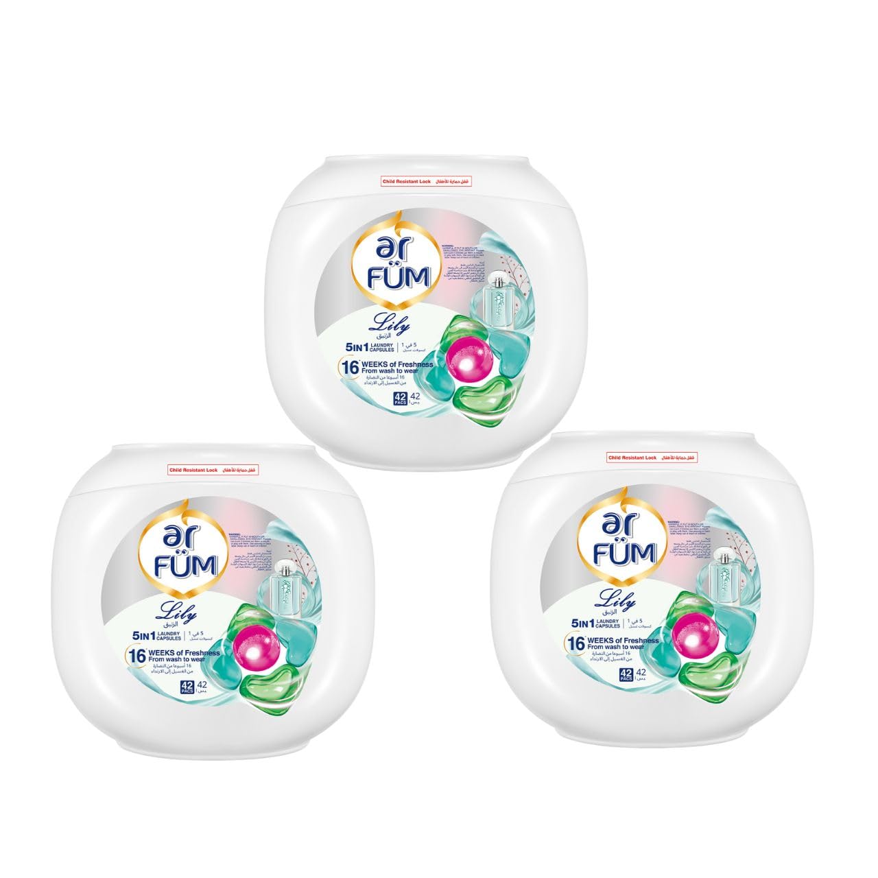 ArFum PODS, 5-in-1 Laundry Detergent Capsules with Scent Booster, Detergent Concentrate, Softener, Color Protect, Stain Remover, 16 Weeks Fragrance, 42 Pods, Lily,Pack of 3 X 42 Pods (126 Capsules)