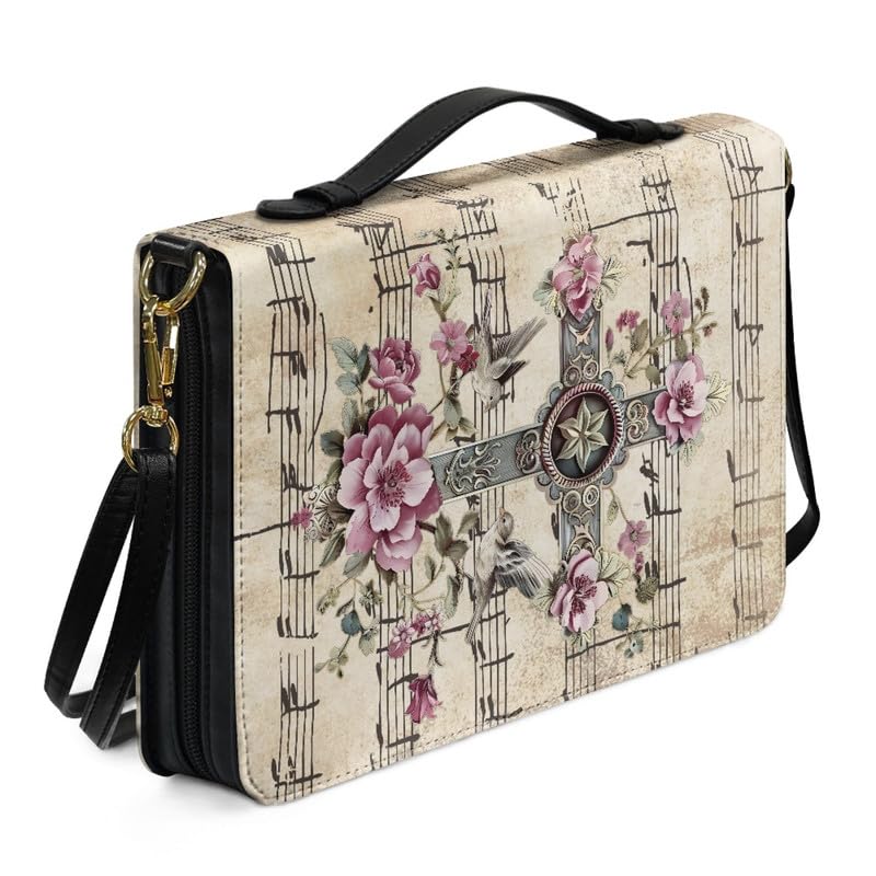 Kuiaobaty Music Note Peony Flower Bible Bag Totes Book Cover with Pockets, Christian Cross Flower Leather Church Bible Bag with Adjustable Shoulder Strap — image 1