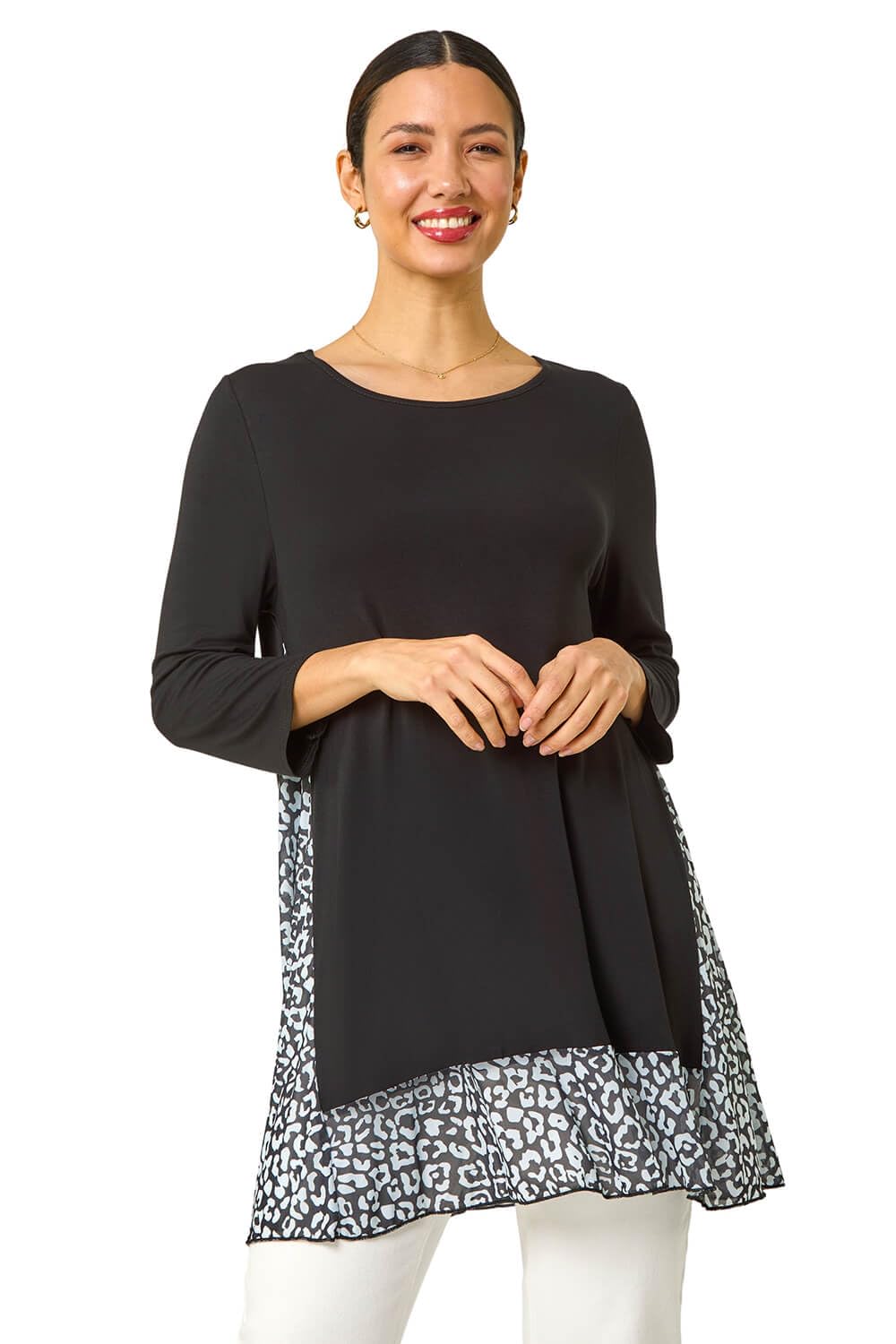 Roman Chiffon Dipped Hem Top Asymmetric Tunic for Women UK Ladies Stretchy Jersey Flared Blouse Smart Fit & Flare Form Casual Loose Longline Party Hanky Tunics - Black & Grey - Size 18