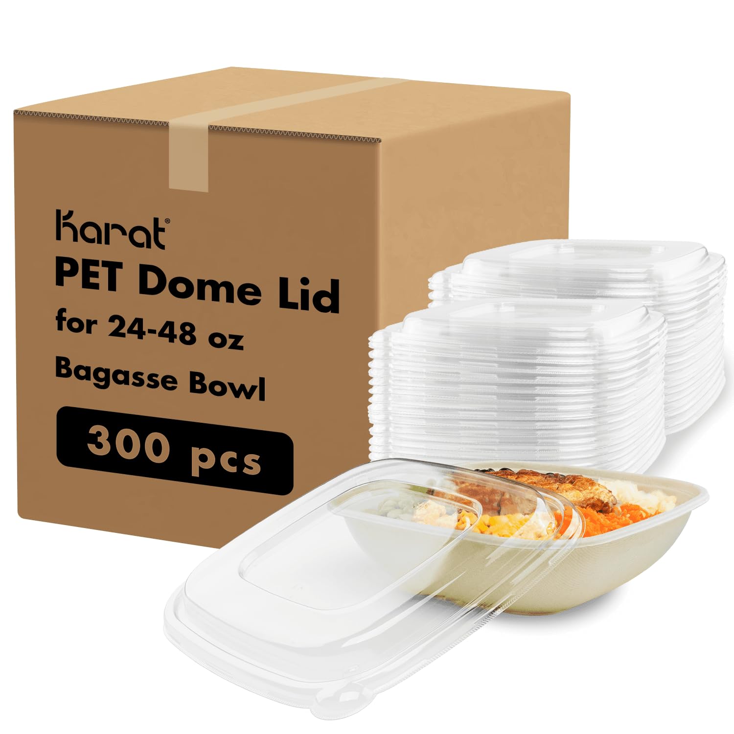 Karat PET Dome Lid for Compostable Bowls - Crystal Clear, Eco-Friendly, 24/32/48 oz Sizes - Ideal for Takeout Containers - Pack of 300, FP-KDL221-PET