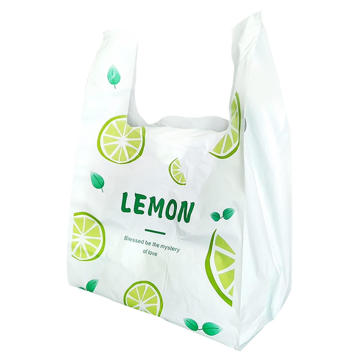 Large Plastic T-shirt Bag with Handle, 20.4 Inch x 12.6 Inch 100 Pcs Light Blue Grocery Bag, Reusable Super Market Shopping Bag