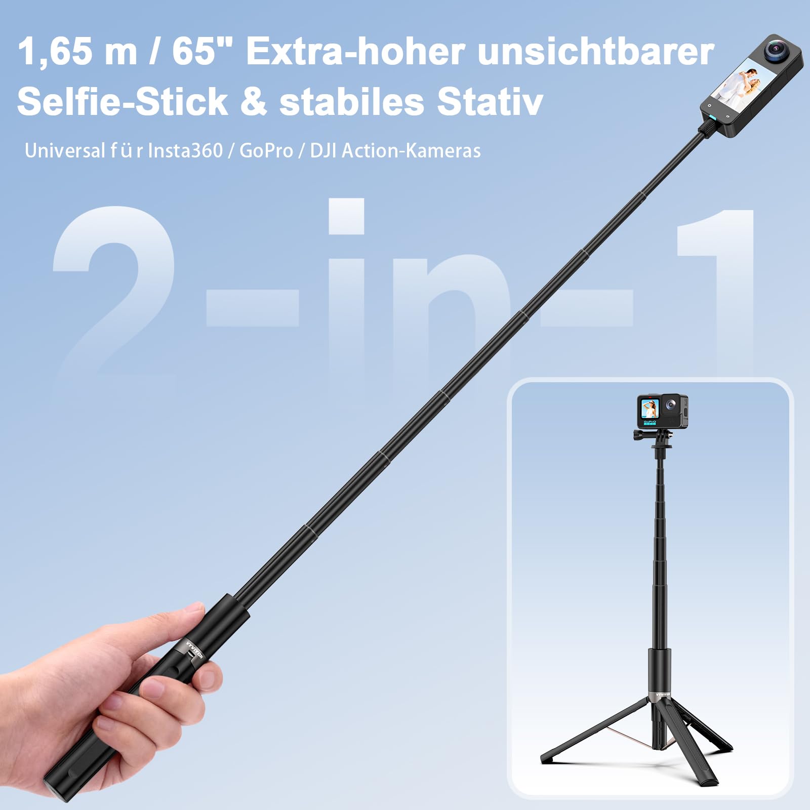 Unsichtbarer Selfiestick Stativ 165cm, 2-in-1 Teleskop-Monopod für Insta360 X5/X4/ONE X2, 1/4" Zoll Handheld Pole Stick mit GoPro-Adapter für GoPro, DJI Osmo Pocket 3, Action 5 Pro/4