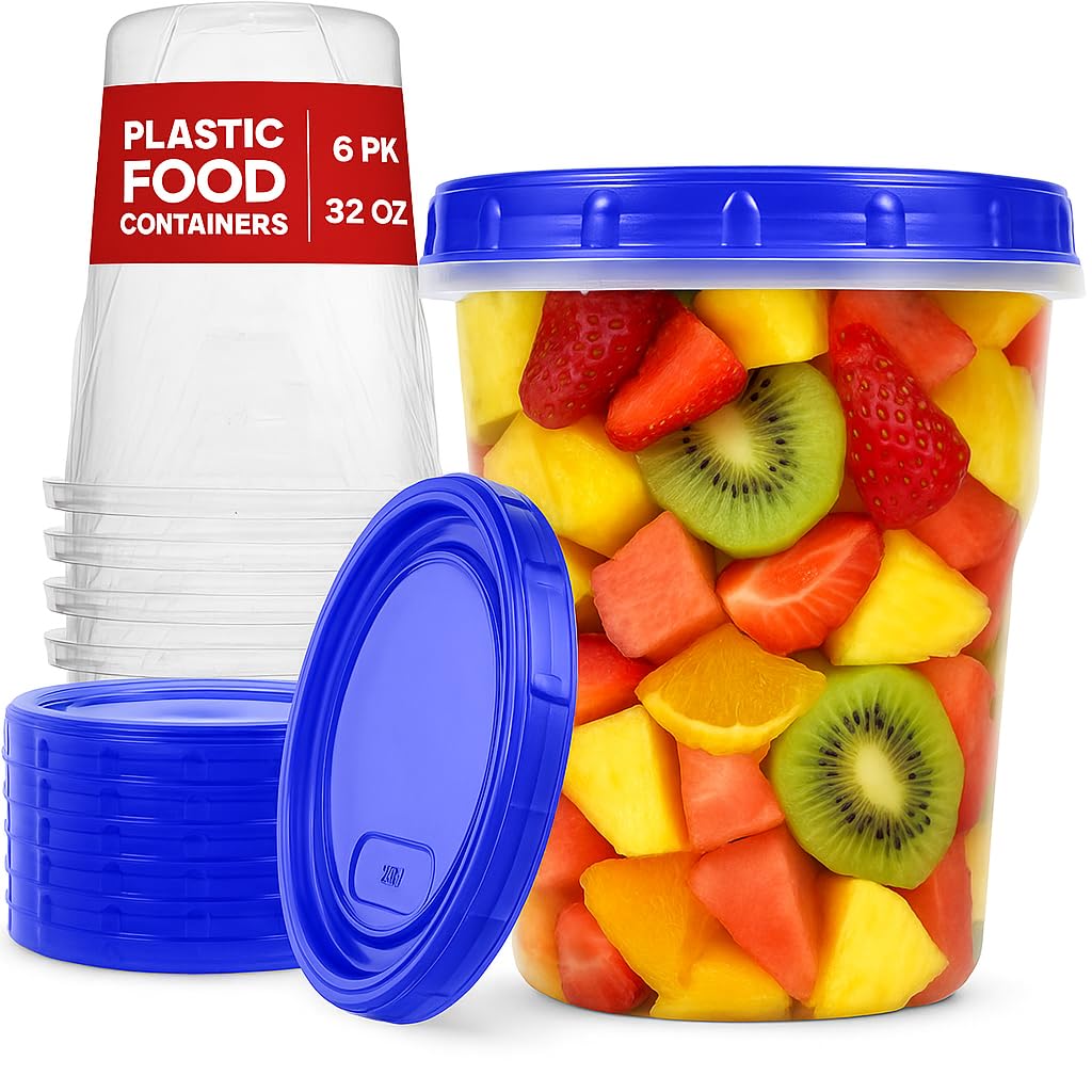 XpressPak Plastic Soup Containers - Freezing, Microwave Safe (946 ml) - [6 Pack] - Deli With Twist Top Lids, Food Storage Freezer - Airtight - Dishwasher Safe BPA-Free