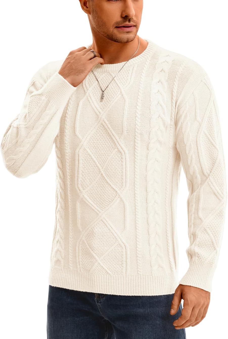 EHSUYAB Men Fashion Cable Knit Fisherman Sweater, Crewneck Long Sleeve Solid Pullover Top, Vintage Fall Winter Casual Outfits