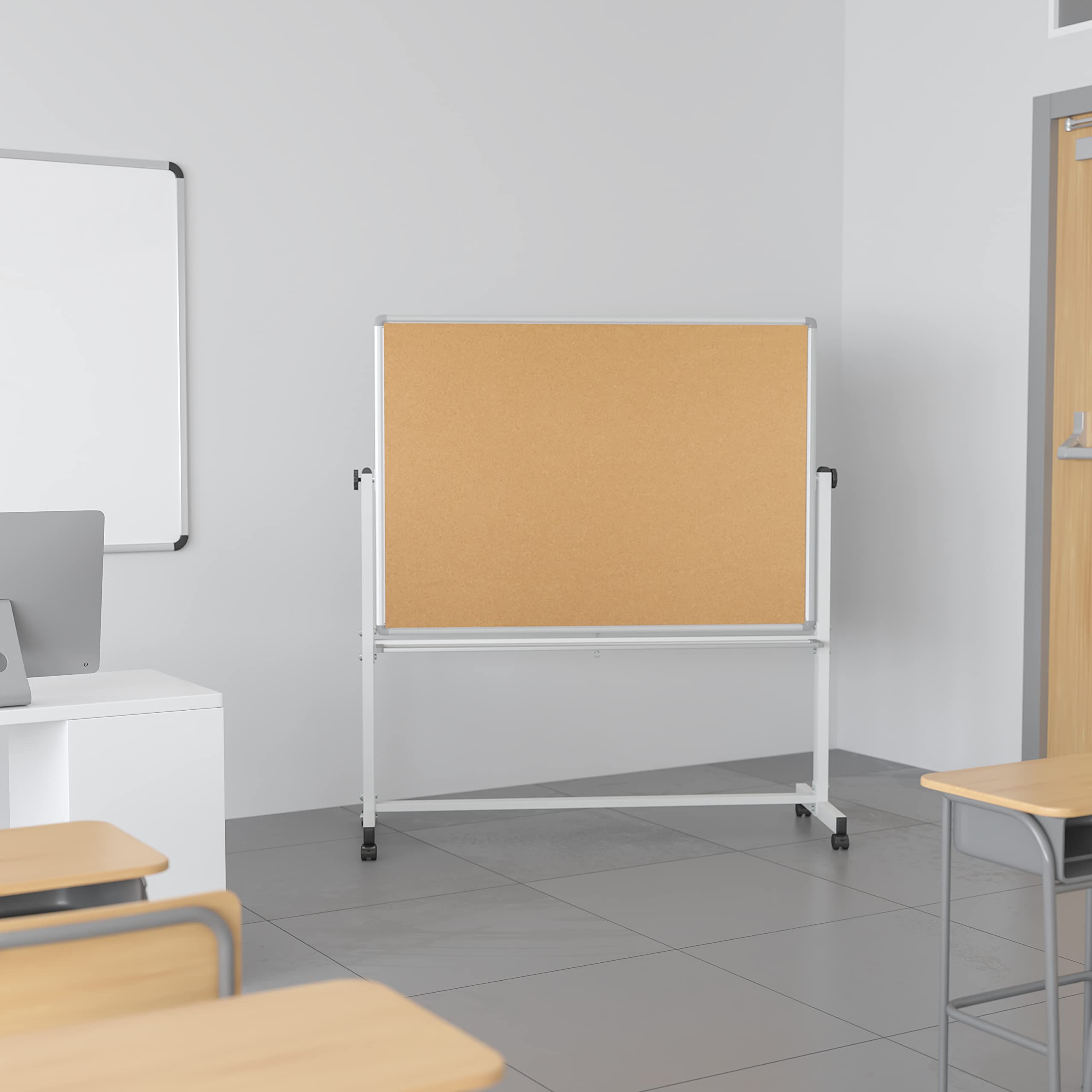 EMMA + OLIVER53" W x 59" H Reversible Mobile Cork Bulletin Board and White Board with Pen Tray