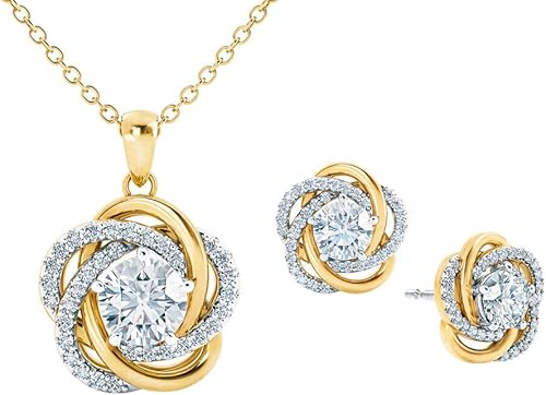 Collar de nudo de amor perfectamente emparejado con aretes de nudo de amor, juego de collar y aretes a juego, collar chapado en oro de 14 quilates