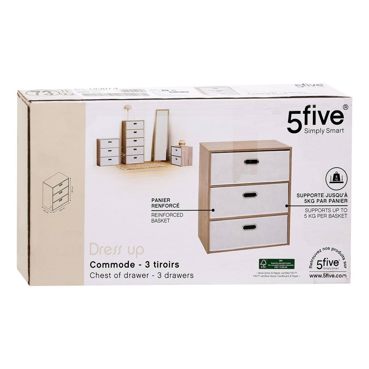 5 five simply smart 5Five - Cassettiera DRESS UP Beige - 3 cassetti - 50x30x60cm - Mobile contenitore funzionale, per organizzare la camera da letto, elegante e pratico