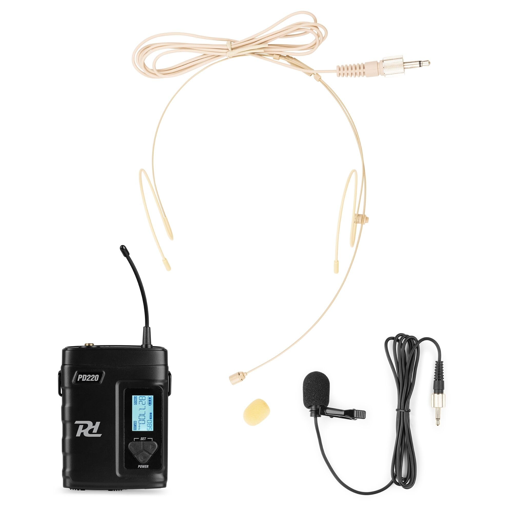 Power Dynamics D220B - Sistema Dual de micrófonos inalámbricos, True Diversity, UHF 823-832 MHz, Doble micrófono bodypack con Solapa y Diadema, 80 Canales, Salidas XLR y Jack 6,3 mm, Estuche Incluido