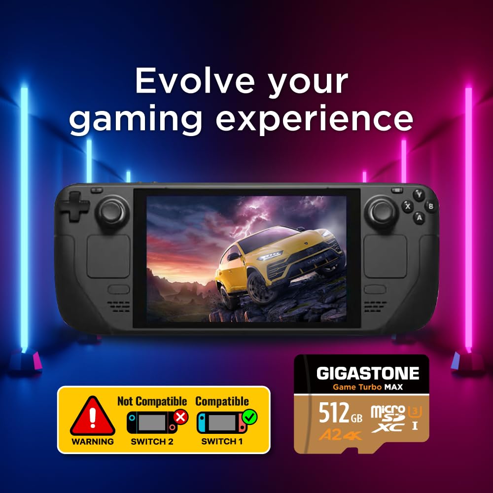 【pour Switch 1 Seulement】 GIGASTONE MicroSDXC 512 Go, Game Turbo Max, Vitesse jusqu'à 180/150 Mo/s, pour Switch, Steamdeck, 4K Video A2 V30 U3 MicroSDXC avec Adaptateur【Récupération Gratuite 5 Ans】