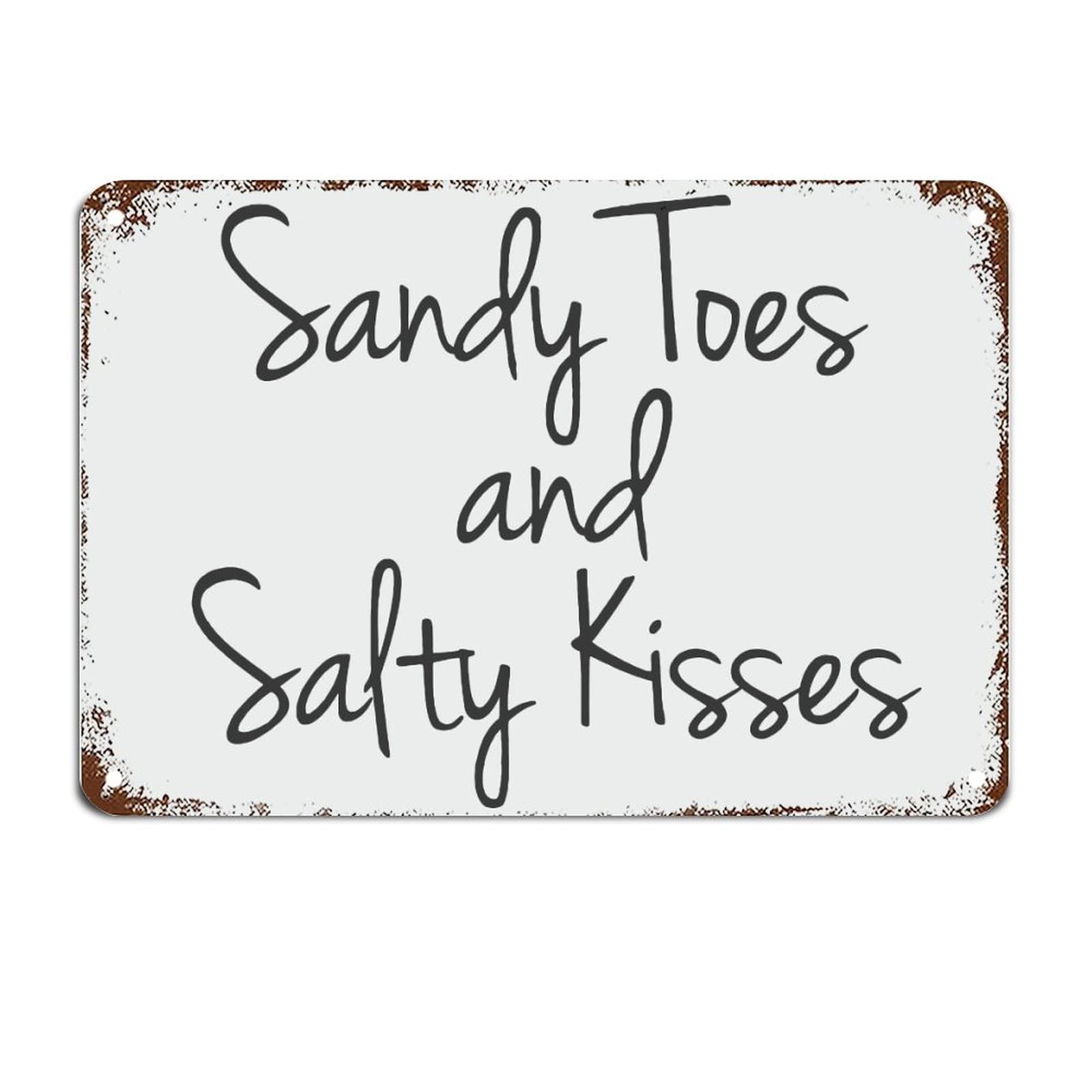 Sandy Toes And Salty Kisses Sign Small Beach Sign Beach Love Metal Sign with Quote Motivational Wall Decorations for Living Room Rustic Wall Art Kitchen Wall Hanger Retro Decoration Sign 8x12 inch