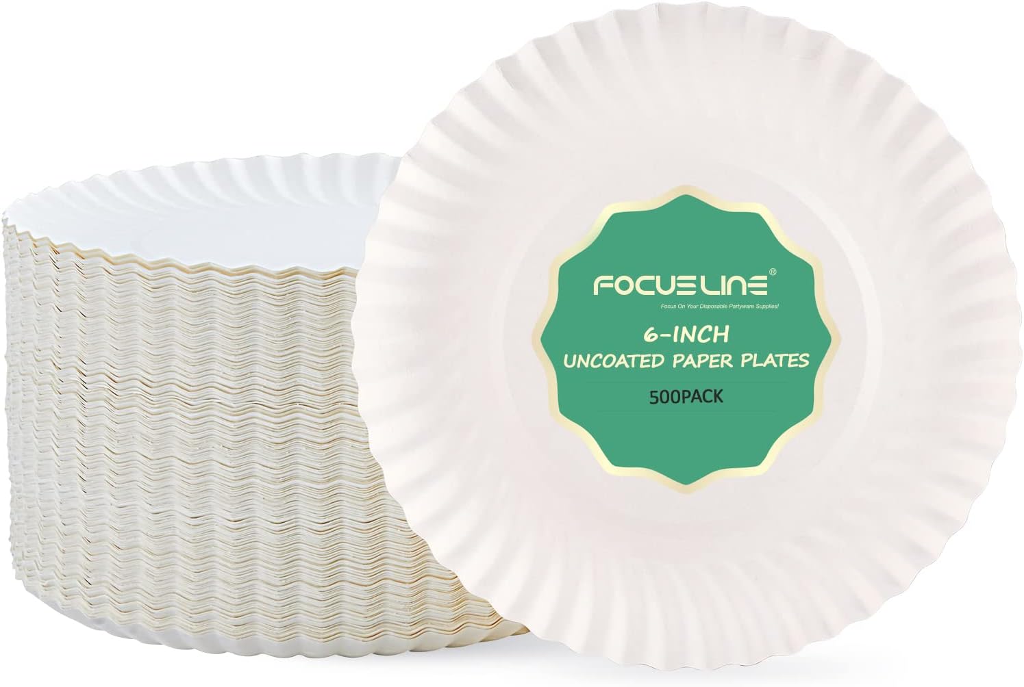 FOCUSLINE 6 Inch White Paper Plates 500 Count, Uncoated Paper Plates, Everyday Disposable Dessert Plates 6" Paper Plate Bulk, Pack of 500 Count 6inch-500pack