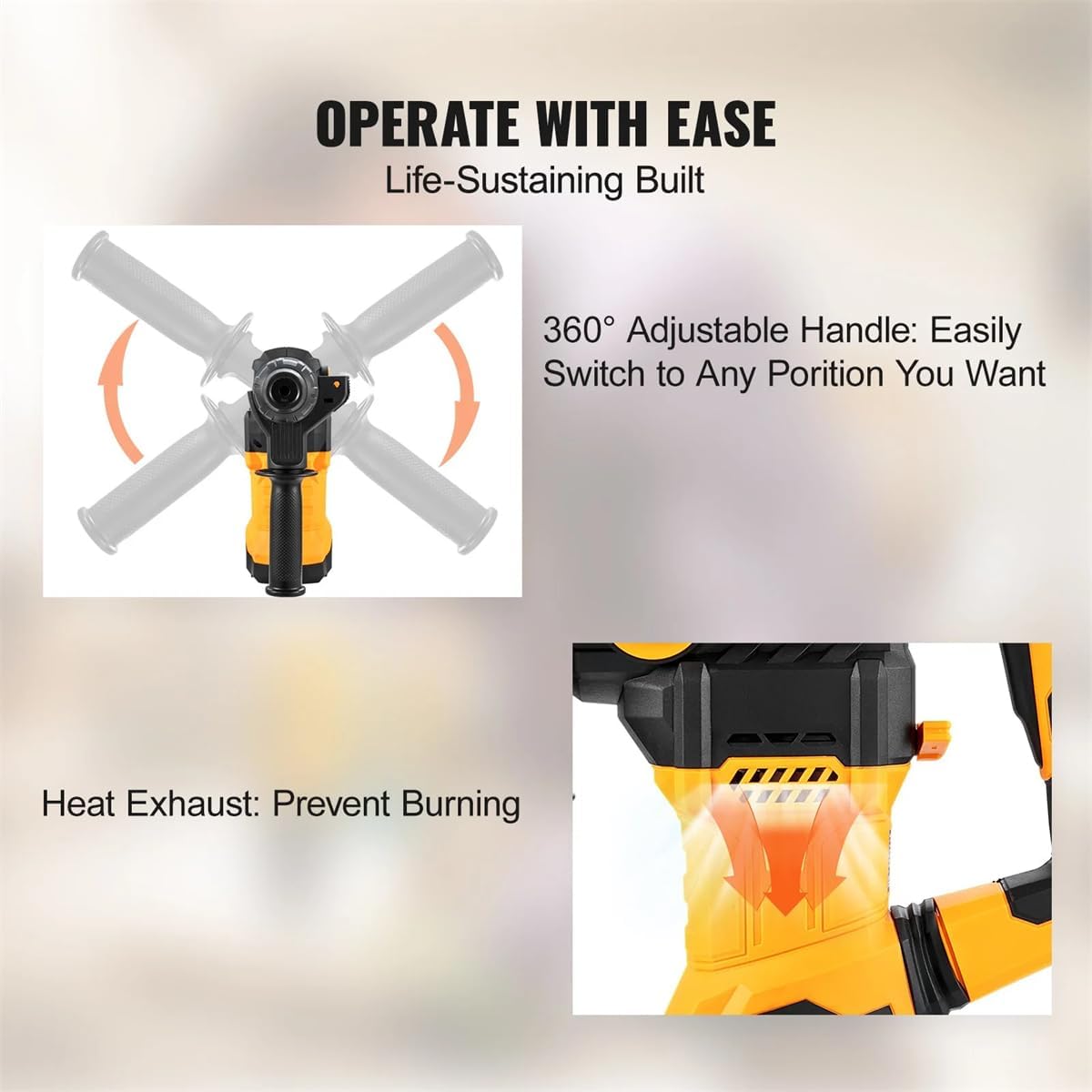 Rotary Hammer Drill, Vibration Control, Safety Clutch, Heavy Duty 1-1/4 Inch SDS-Plus, Demolition Hammer for Concrete, Flat Point Chisels, Grease, Case, Complete Kit with Accessories
