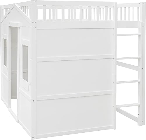 Miniatura 7 de VilroCaz Cama tipo loft de tamaño matrimonial con barandilla de seguridad para niños y niñas diseño de casa de juegos marco de cama de madera maciza