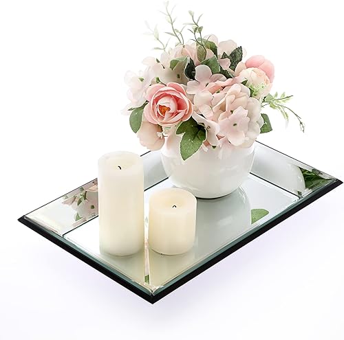 Miniatura 9 de Hipiwe Bandeja de tocador de maquillaje con espejo de cristal, bandeja rectangular negra para perfumes, organizador de joyas, mesa de café, bandeja