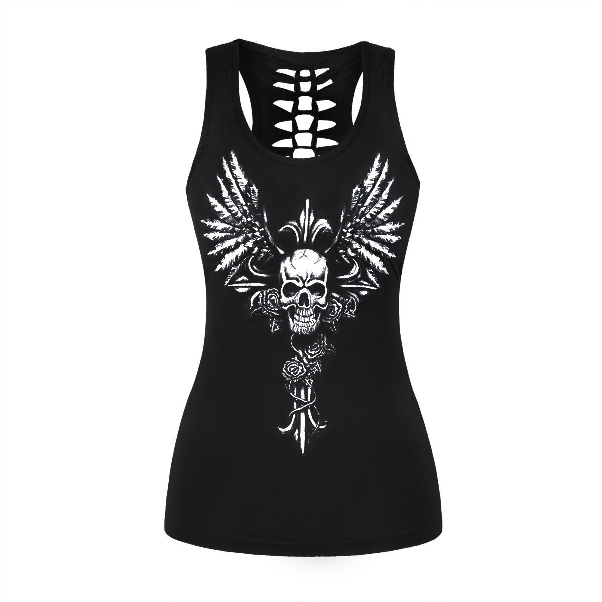 Womens Cut Out Skull Print Workout Yoga Tank Tops Sleeveless Summer T Shirt Vest