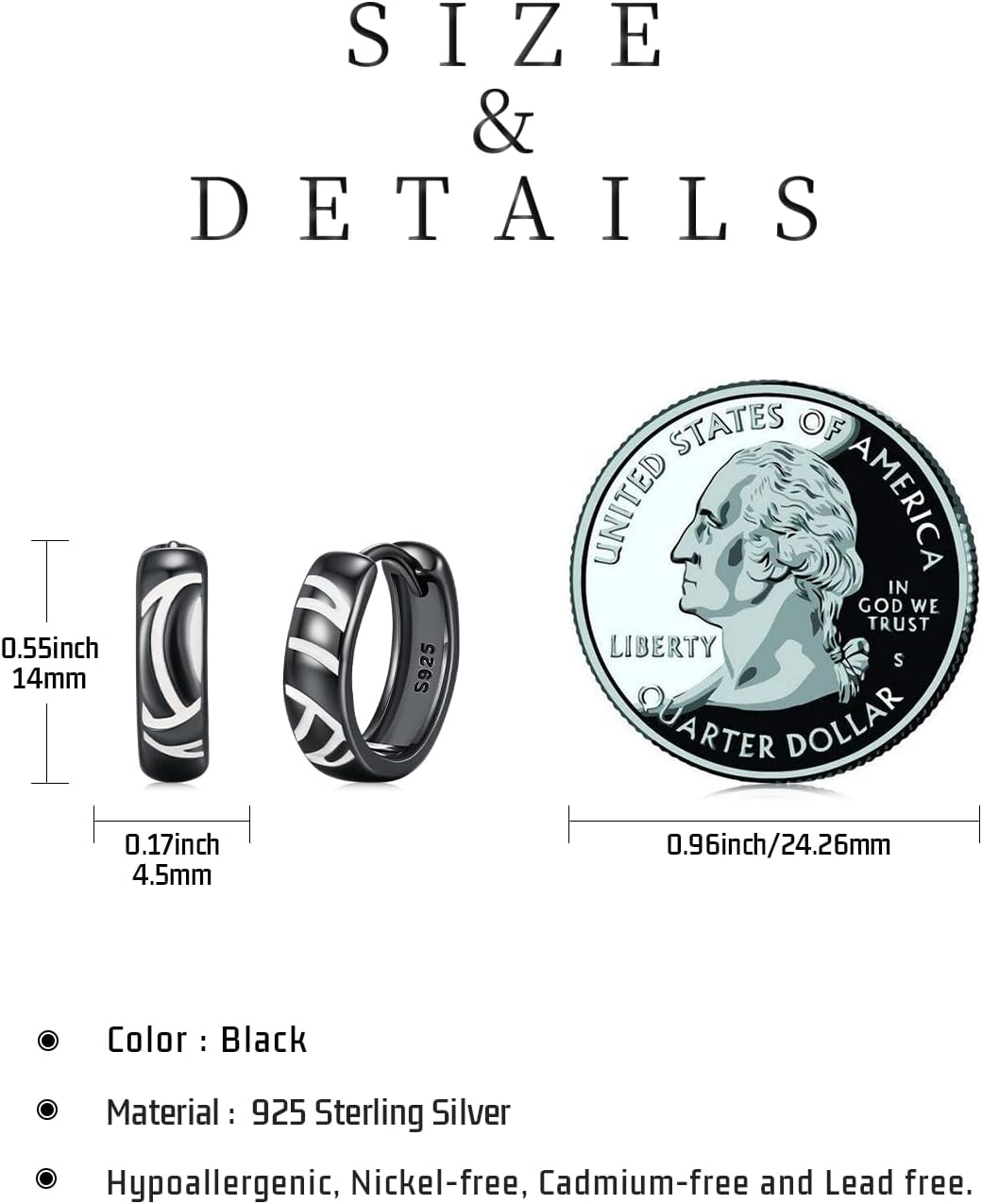 Sports Ball Earrings 925 Sterling Silver Small Black Baseball/Soccer/Volleyball Hoops Player Jewelry Gifts for Men Women Soccer Lovers
