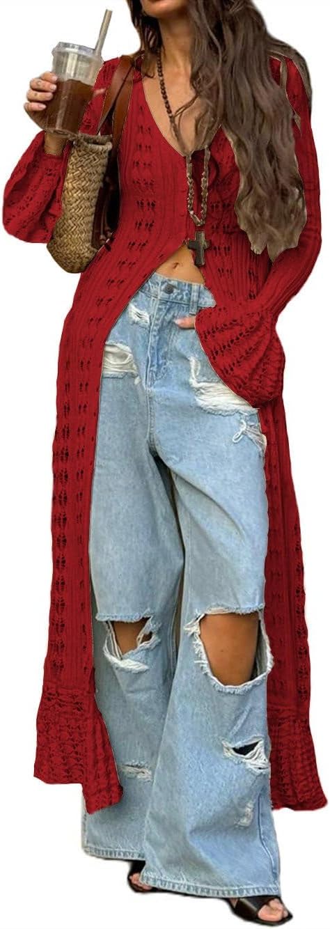 Bocymolay Women Elegant Crochet Knit Maxi Dress Button Down Hollow Out Cover Up Vacation Long Dress