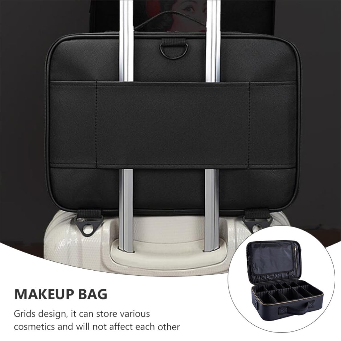Ciieeo Bolsa de Maquillaje para Almacenar Cosméticos Fácilmente Portátil de Viaje Diseño de Compartimentos y Asa, Hecha de Tela Oxford Negra