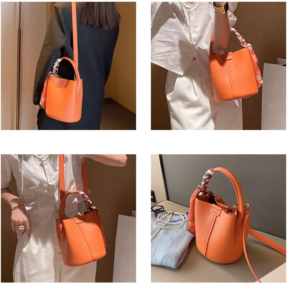 Women's small crossbody bag made of synthetic leather, mini bucket style shoulder bag with scarf, detachable shoulder strap - Image 2