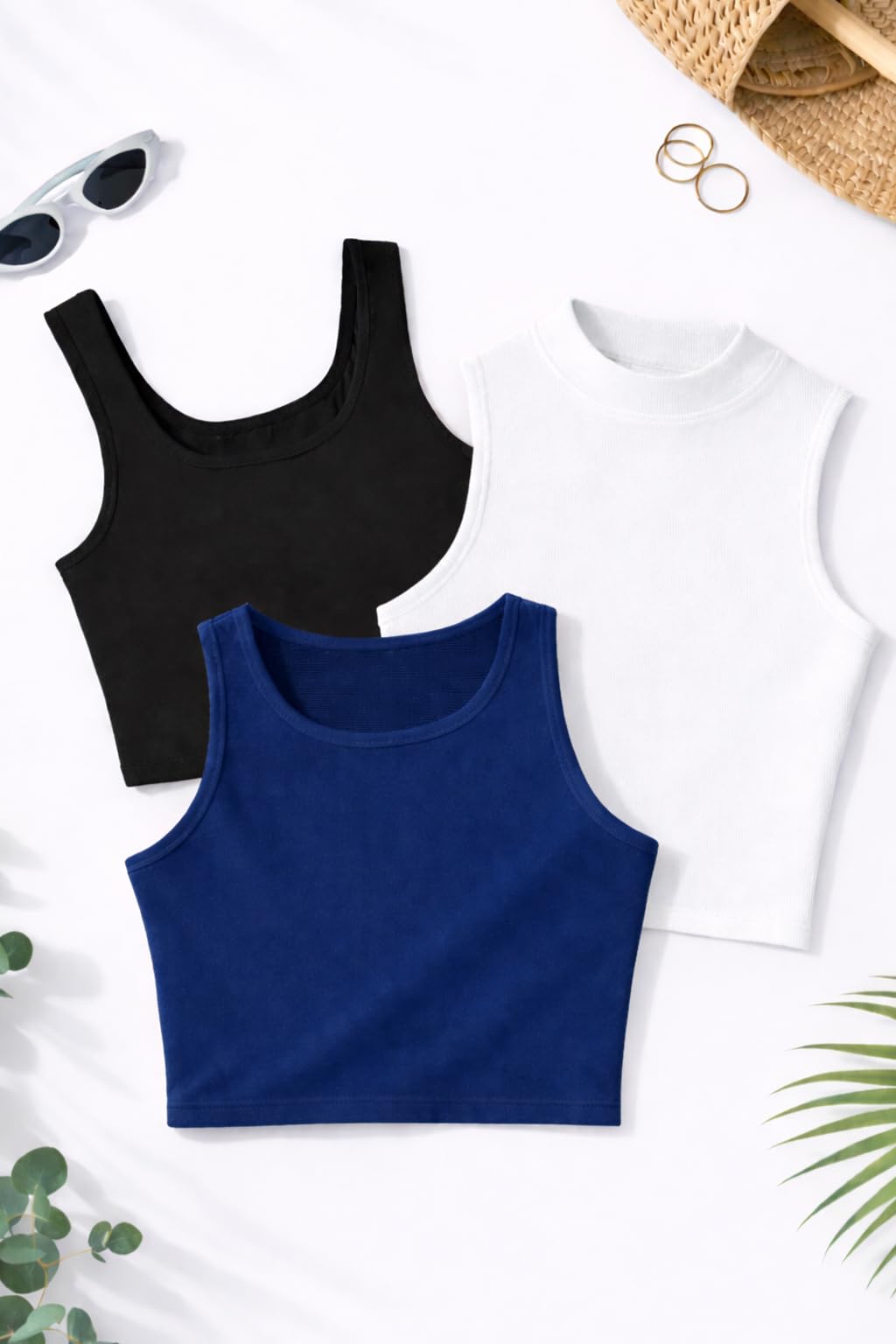 Toochki Maglietta corta da donna, per sport, casual, rotonda, quadrata, collo alto, in cotone, confezione da 3