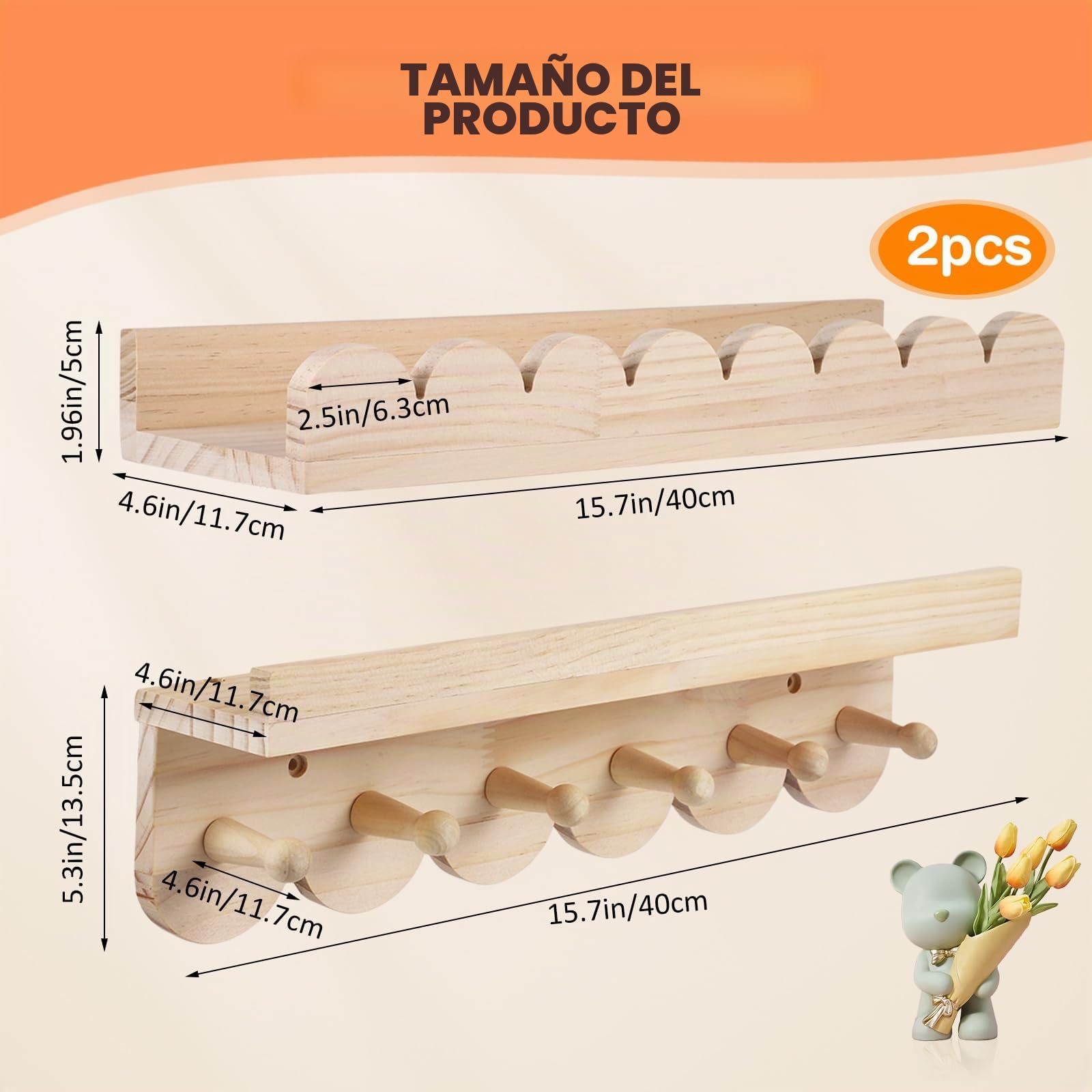 Juego de 3 estantes de Pared para niños de Madera Maciza con 6 Ganchos, estantería de 40 cm, Estante de Pared para Dormitorio para Libros y Juguetes, Estante Montessori para niña