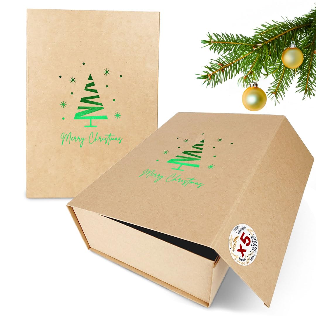 Geschenk-Box Weihnachten (5 Stk.) | 31x22x10 cm | Geschenk-Karton mit Deckel & Magnet-Verschluss | Für Weihnachts-Geschenke | Weihnachts-Verpackung mit Weihnachtsbaum-Motiv in Grün