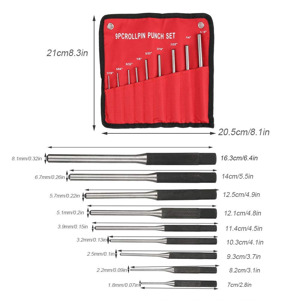 Juego de Punzones de Pasador de Rodillo, 9Pcs Portable Steel Roll Pin Punch Set Mechanics Professional Tool Kit para Reparación deCoches Joyas Relojes