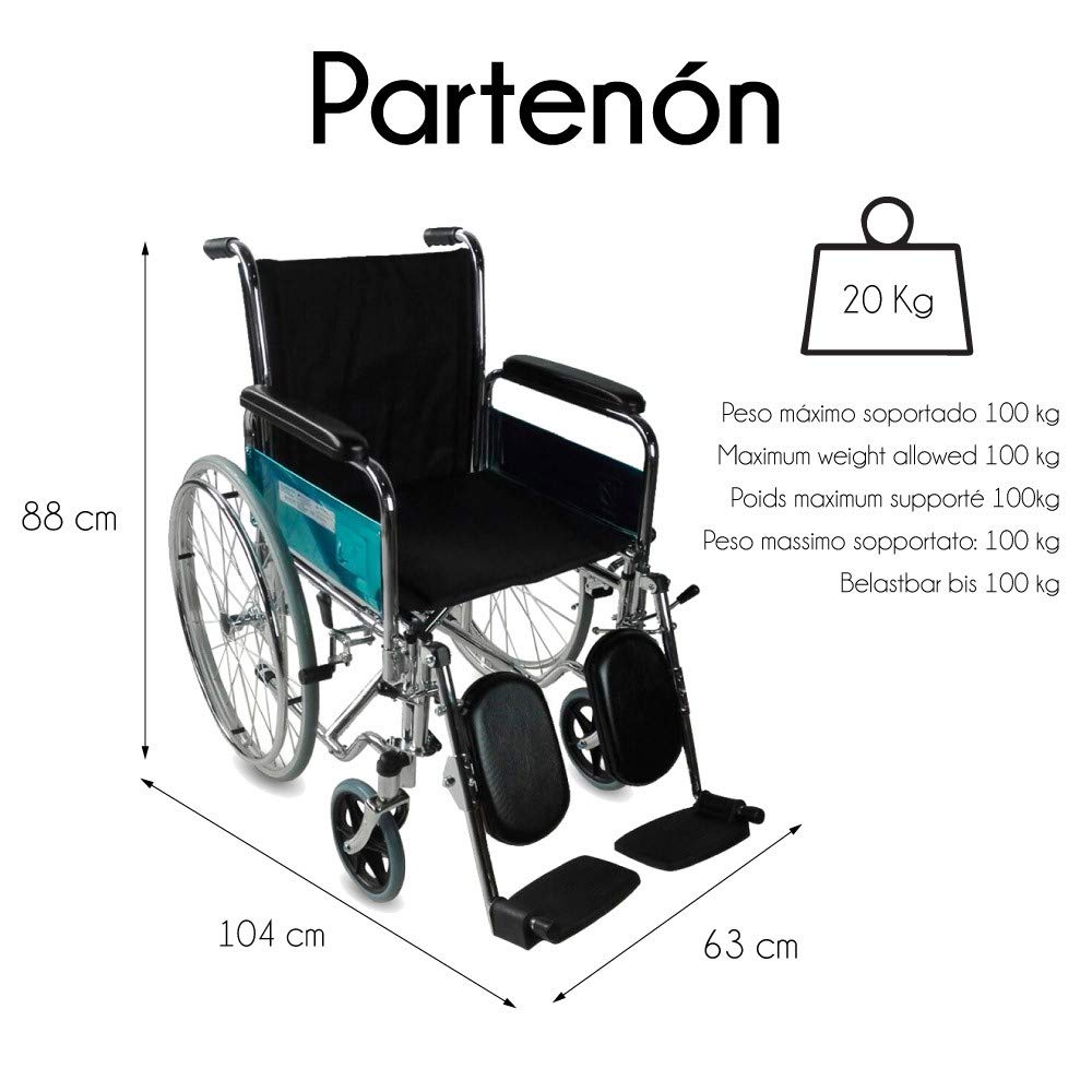 Mobiclinic, Silla de Ruedas, Partenón, Plegable, Elevador piernas, Asiento 44 cm, Premium, Autopropulsable, Manual, Marca española, Ortopédica, Reposapiés Ajustables, Reposabrazos, Resistente