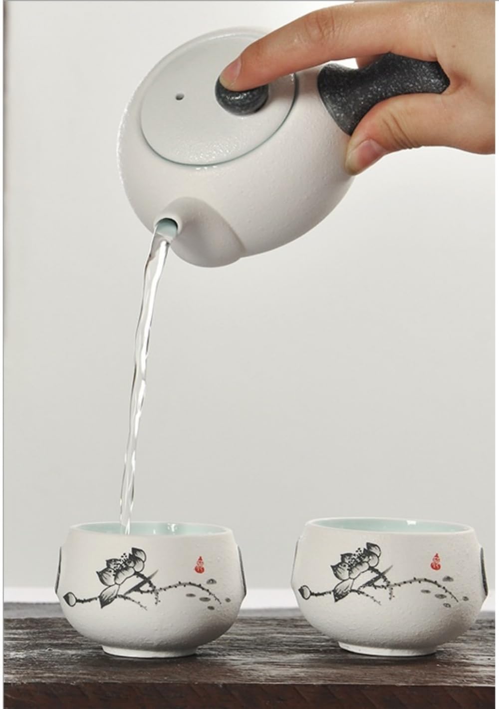 HGDESIGN Porseleinen theeset met theepot en 6 theekopjes, brandvrij sneeuwvlokken glazuur, pot-bekers, Chinese Japanse Kong Fu theeservies Aziatische theepot set (A