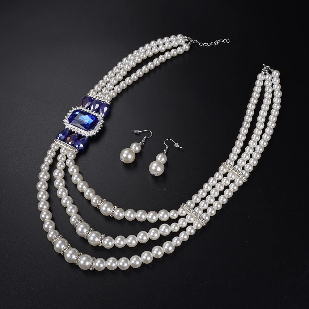 Aimimier 1920s 3-layered White Faux Pearl Necklace and Earrings Set with Crystal and Rhinestone Bridal Long Pearl Necklace Statement Women Jewelry