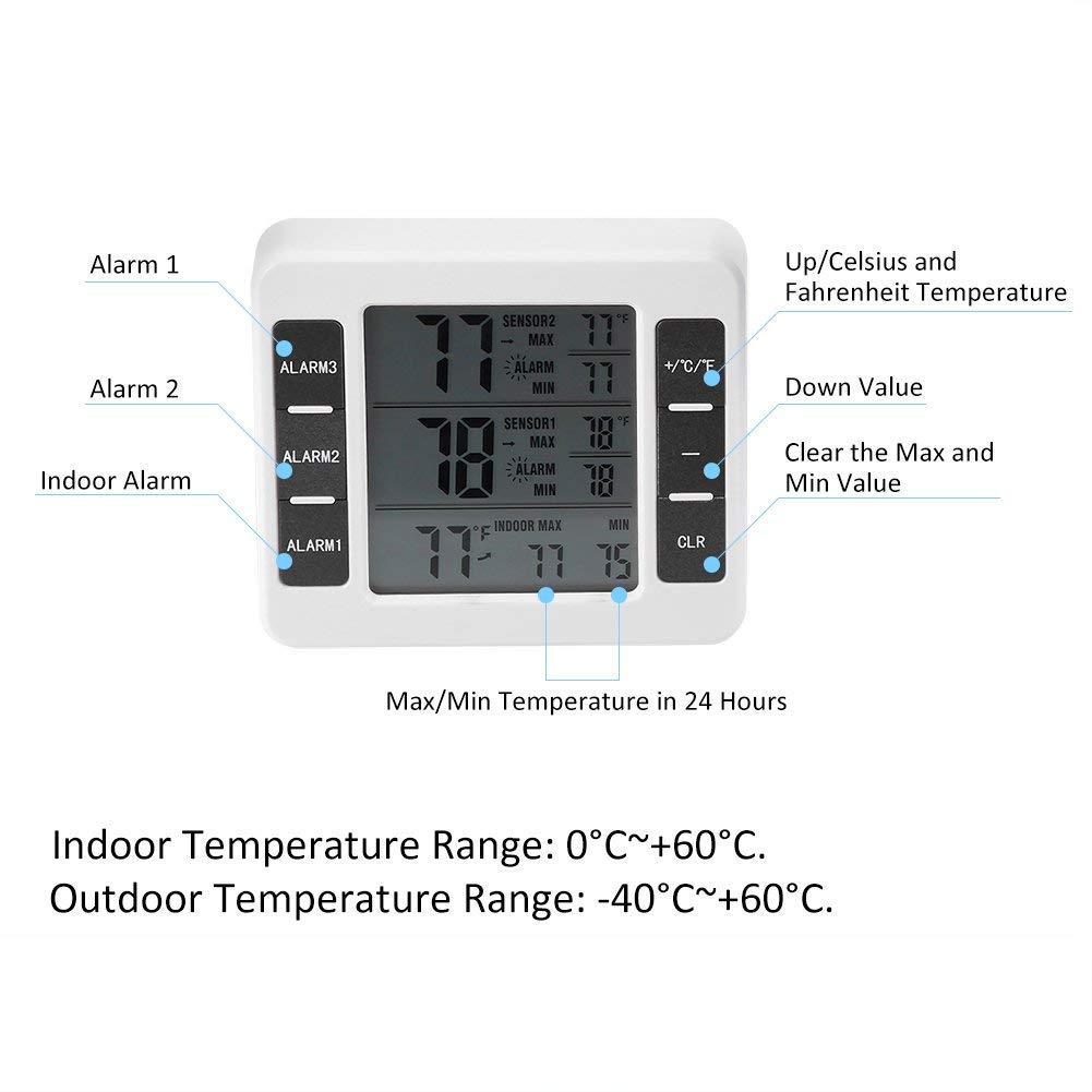Thermomètre d'Alarme Sonore Numérique sans Fil de Réfrigérateur avec l'Affichage Min/Max de Sonde et 2Pcs Capteur