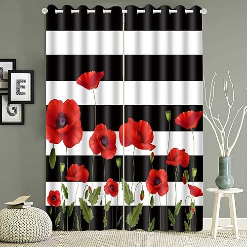 Miniatura 3 de CLOKEO0343 - Cortina de amapola con diseño de flores rojas, rayas blancas y negras, para oscurecer la habitación, con aislamiento térmico y ojales,