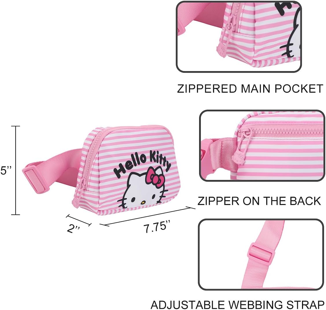 Hello Kitty Character Face 7.75" Pink & White Striped Fanny Pack Sling Bag