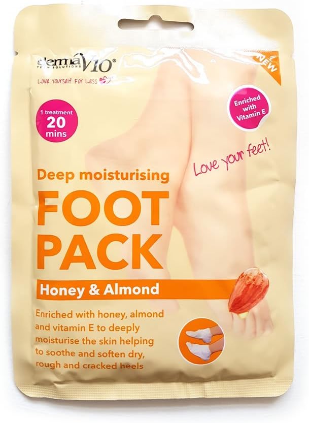 Derma V10 Foot Pack Mask (4 Pack) Deep Moisturizing Tea Tree and Peppermint Oil, Honey and Almond Oil Moroccan Argan Oil & Hemp Seed Oil (Honey and Almond Oil)