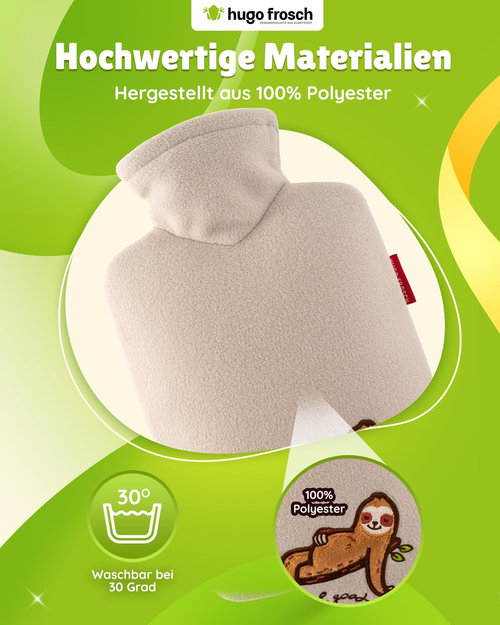Hugo Frosch Bolsa de agua caliente clásica de 1,8 l – Fabricada en Alemania – con funda suave de forro polar "feel good" beige – botella grande a prueba de fugas y sin olor – con funda lavable
