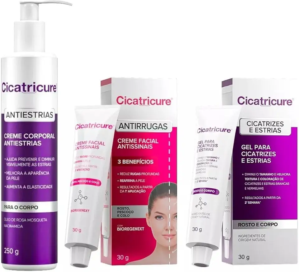 Kit Cicatri Cure Creme Corporal Antiestrias 250g + Gel Para Cicatrizes 30g + Bioregenext 30g