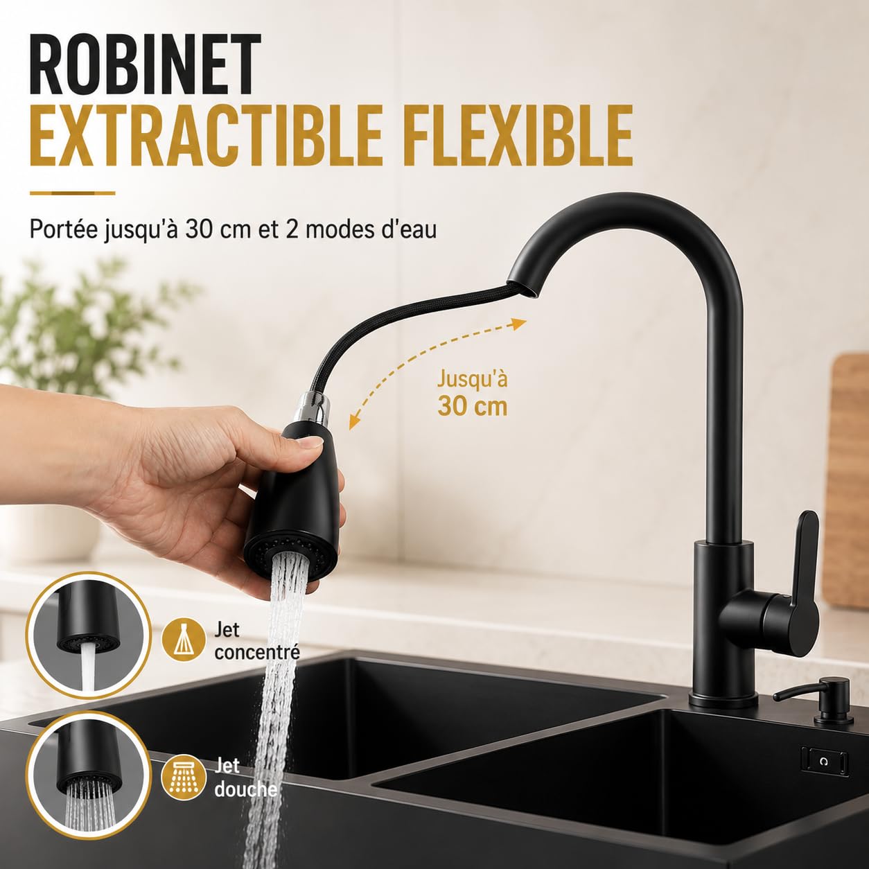 Évier de Cuisine Autoportant, 2 Bacs avec Meuble Bas et Robinet Extractible | 75 × 41 × 78 cm, acier inoxydable 201, égouttoir, bonde et rangement intégré pour cuisine, restaurant ou buanderie