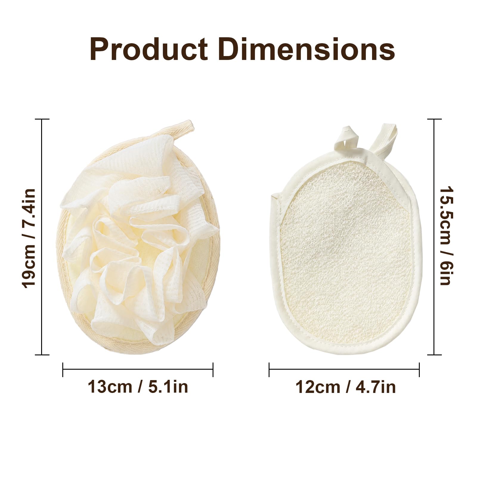 3 Pezzi Spugna Luffa Set Doppia Funzione Sacchetto Sapone con Cordino Morbido Guanto Esfoliante Corpo per Bagno e Doccia Resistente Spugna Doccia per Donne e Uomini (Beige)