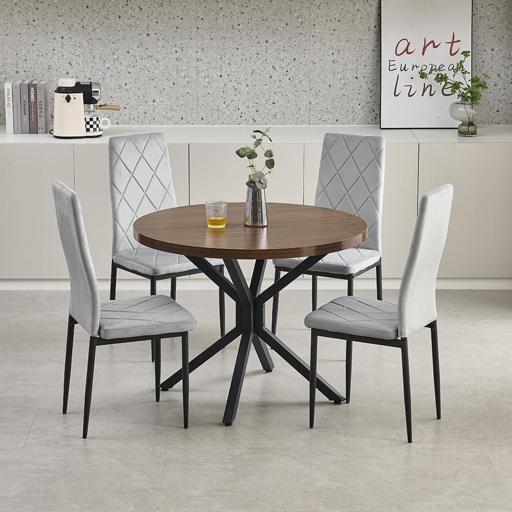 Menaka Round Dining Table and Chairs Set of 4 for Kitchen Diner, 5 Pieces Oak Wood Table with 4 Chairs for Compact Dinette Restaurant (4 argyle grid grey velvet chairs#2, 95cm Walnut Brown Table) โ image 1