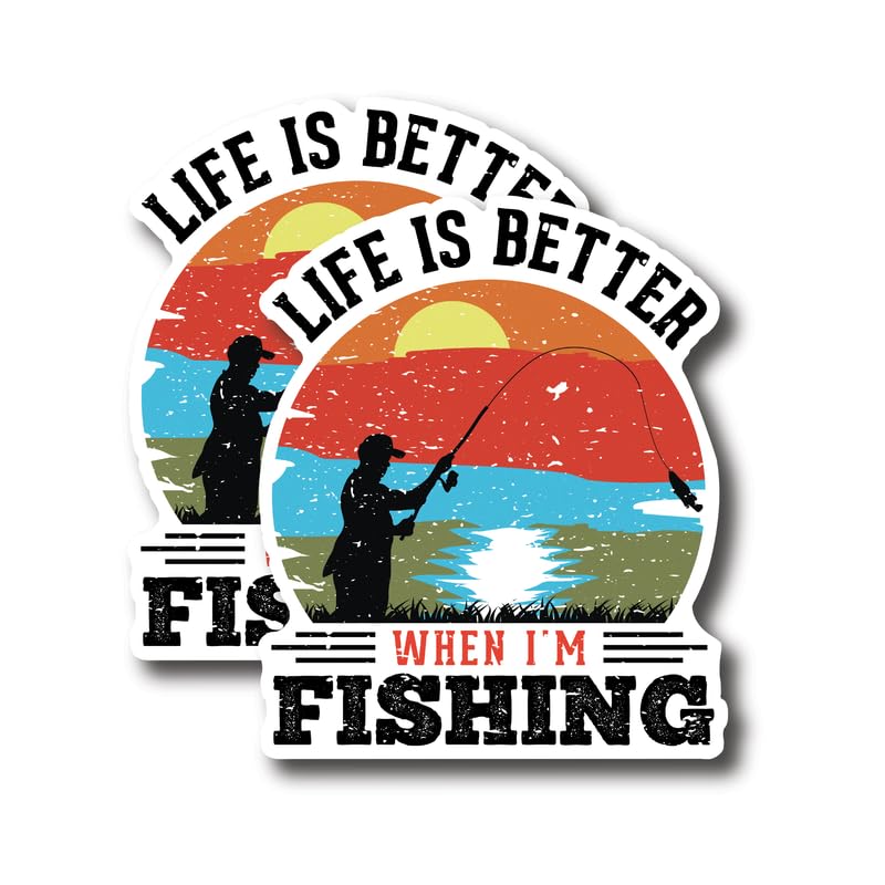 FHJ Premium Quality Vinyl Fishing Sticker Pack - 2 Pack, Multicolor, Cartoon Style, Rectangular, Outdoor Use, 5-Inch on Widest Side, Made in USA