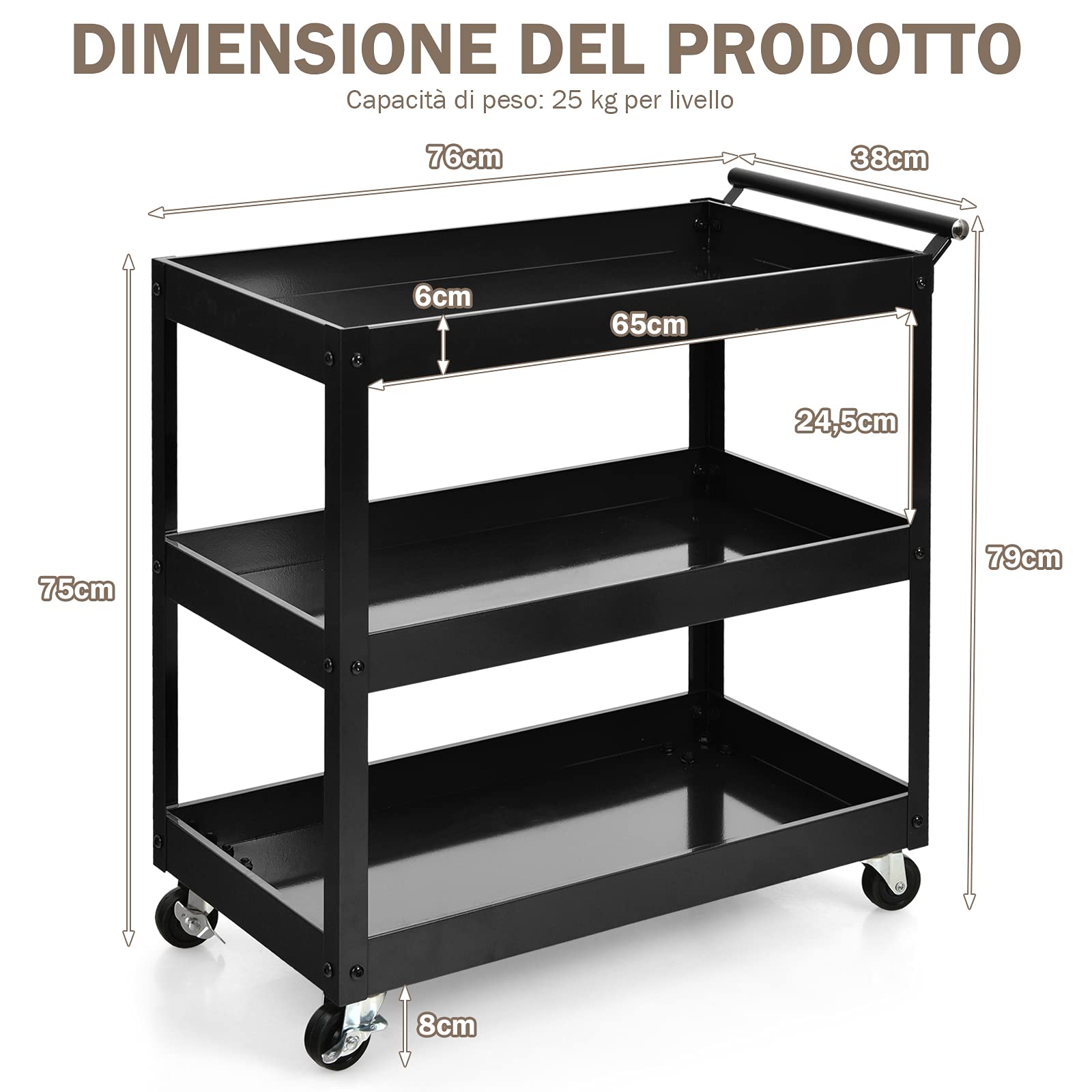 COSTWAY Carrello da Cucina con 3 Livelli, Carrellino Multifunzionale con Ruote Flessibili, Carrello di Servizio Resistente con Maniglia Comoda, Ideale per Ufficio Garage Magazzino Biblioteca (Nero)