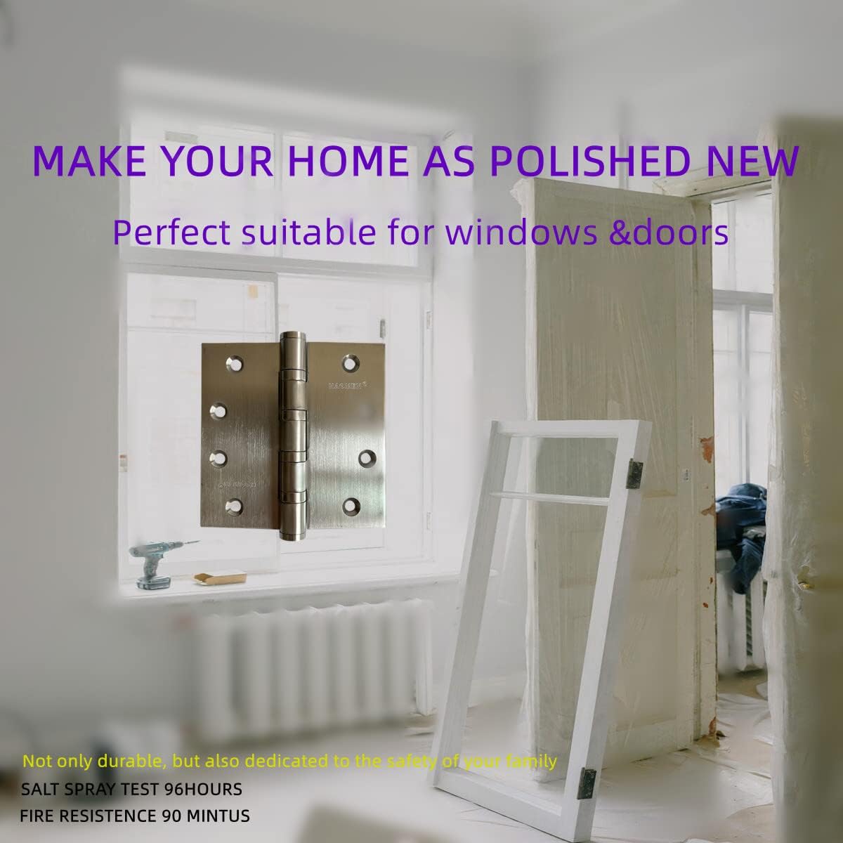 4" Stainless Steel Door Hinges, Heavy Duty 4 x 4 Inch Ball Bearing Non Removable Hinge Pin for Interior and Exterior Ourtswing Door or Gate Security-3 Pack,Silver