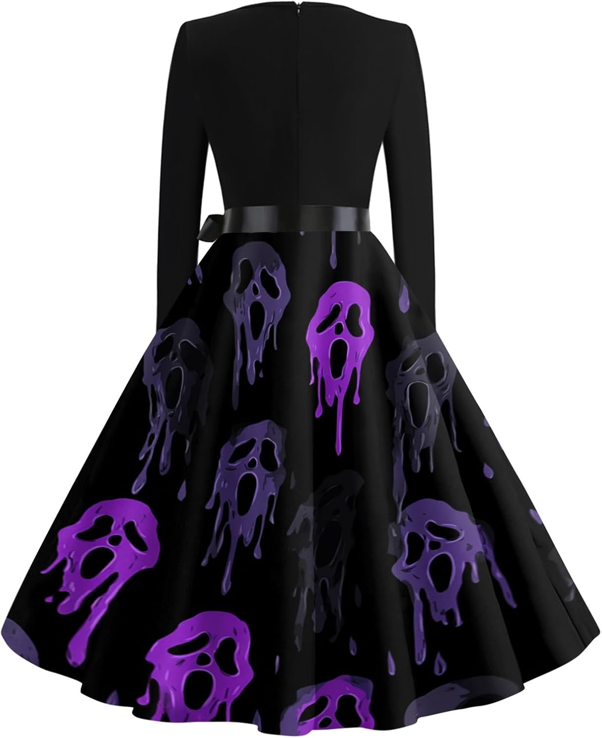 Womens Halloween Printed Dress Long Sleeve Crew Neck A Line Midi with Belt